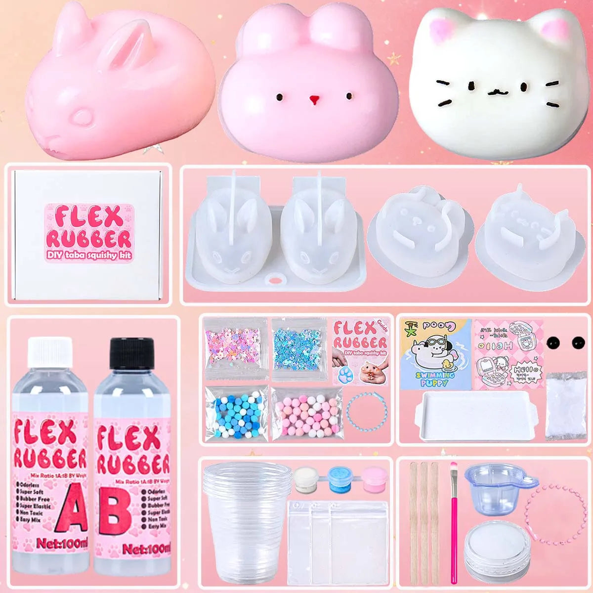 DIY  Taba Squishy Kit Set Liquid Gel Liquid Silicone Squishy Making Kit Perfect Kawaii Cartoon Cat Rabbit Decompression Gifts