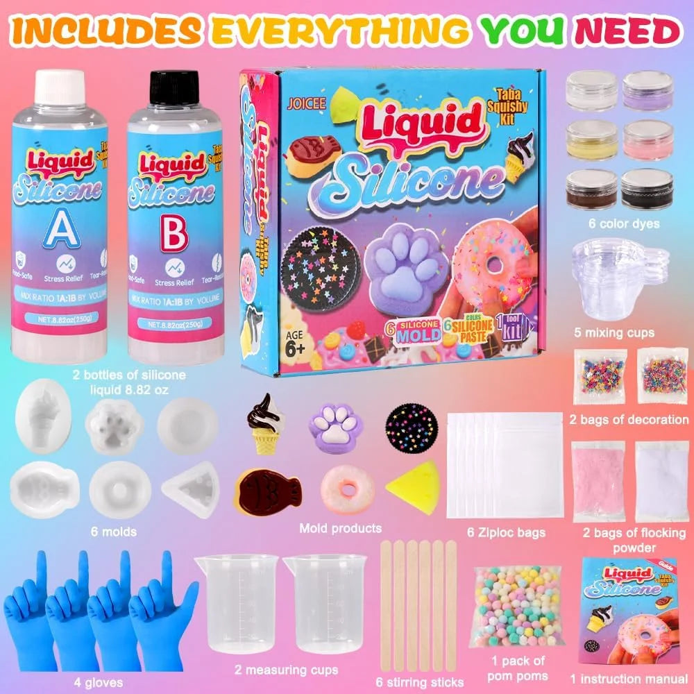 Taba Squishy Kit, DIY Squishy Making Kit 18OZ 1:1 AB Liquid Silicone with 6 Molds