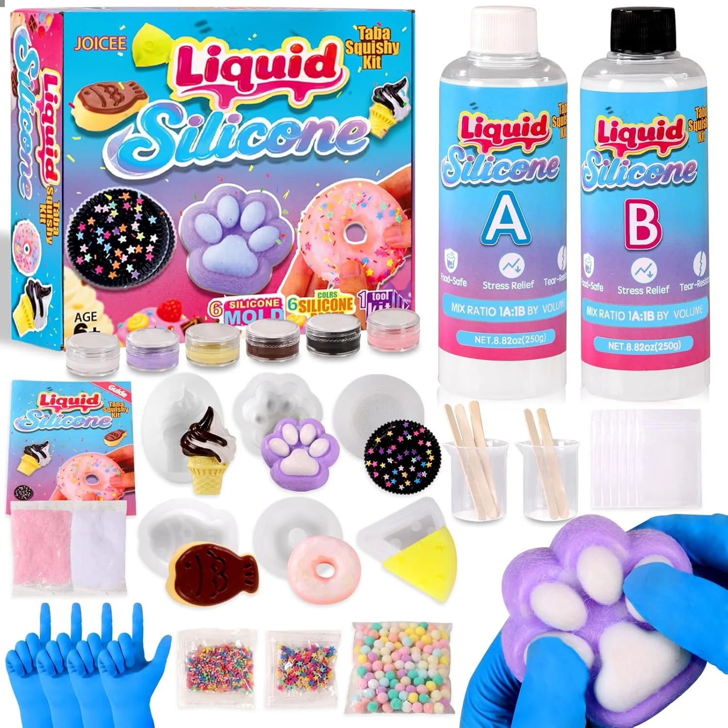 Taba Squishy Kit, DIY Squishy Making Kit 18OZ 1:1 AB Liquid Silicone with 6 Molds