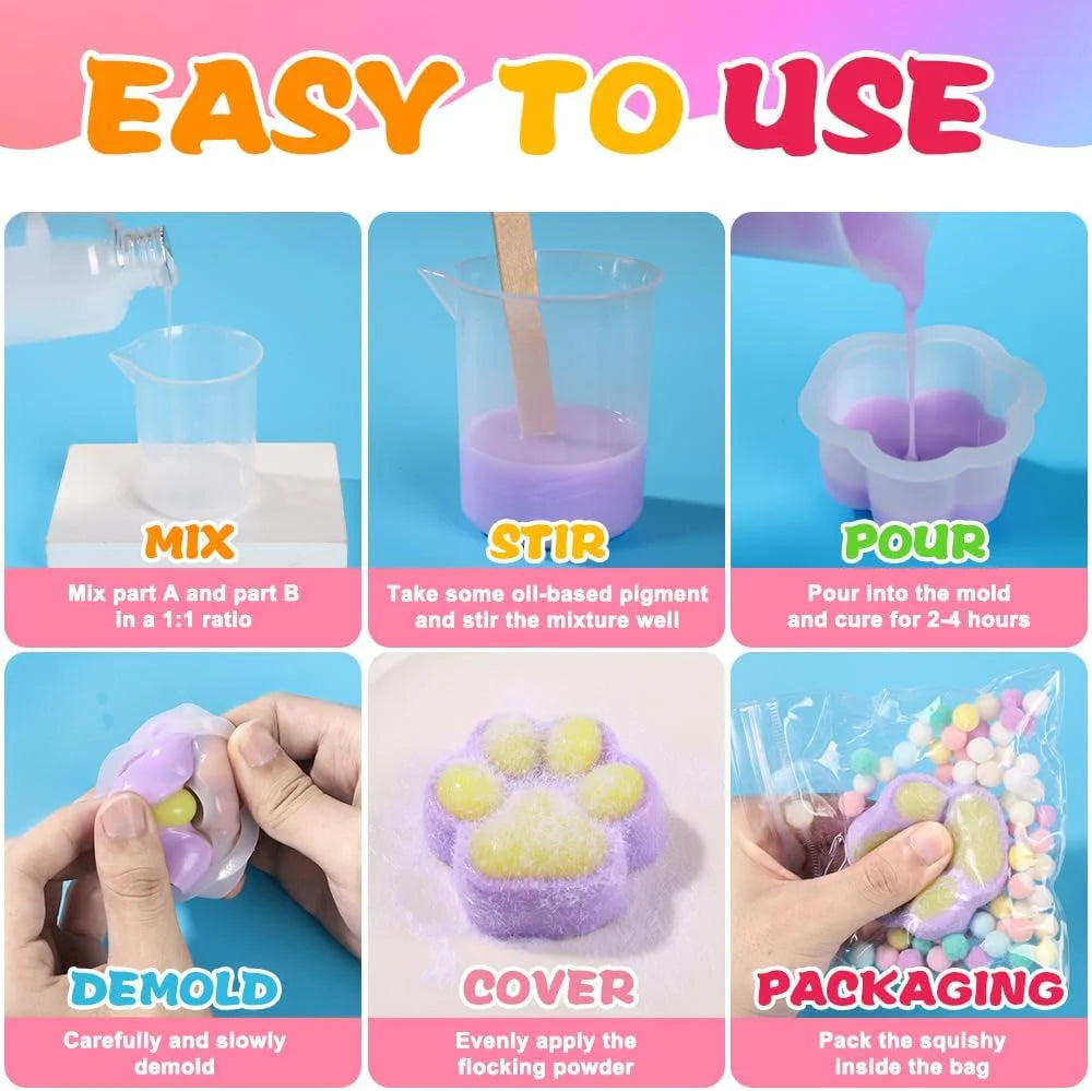 Taba Squishy Kit, DIY Squishy Making Kit 18OZ 1:1 AB Liquid Silicone with 6 Molds